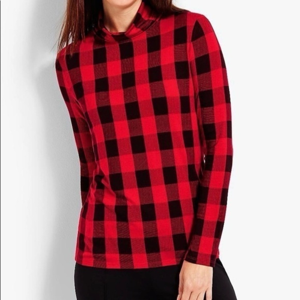 Talbots Thermawarmth Top Buffalo Plaid Red Black Cowl Neck XLP Preppy
